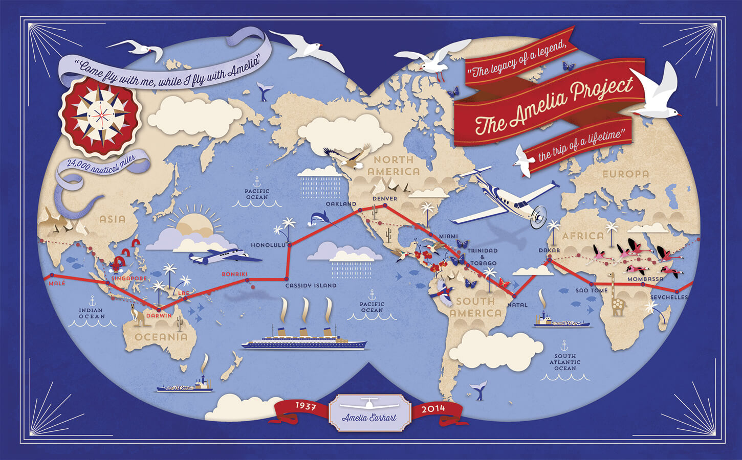 Illustrated map of Amelia Earhart, carte du Monde, Voyage, exploration, tour du Monde en avion, © Atelier Cartographik