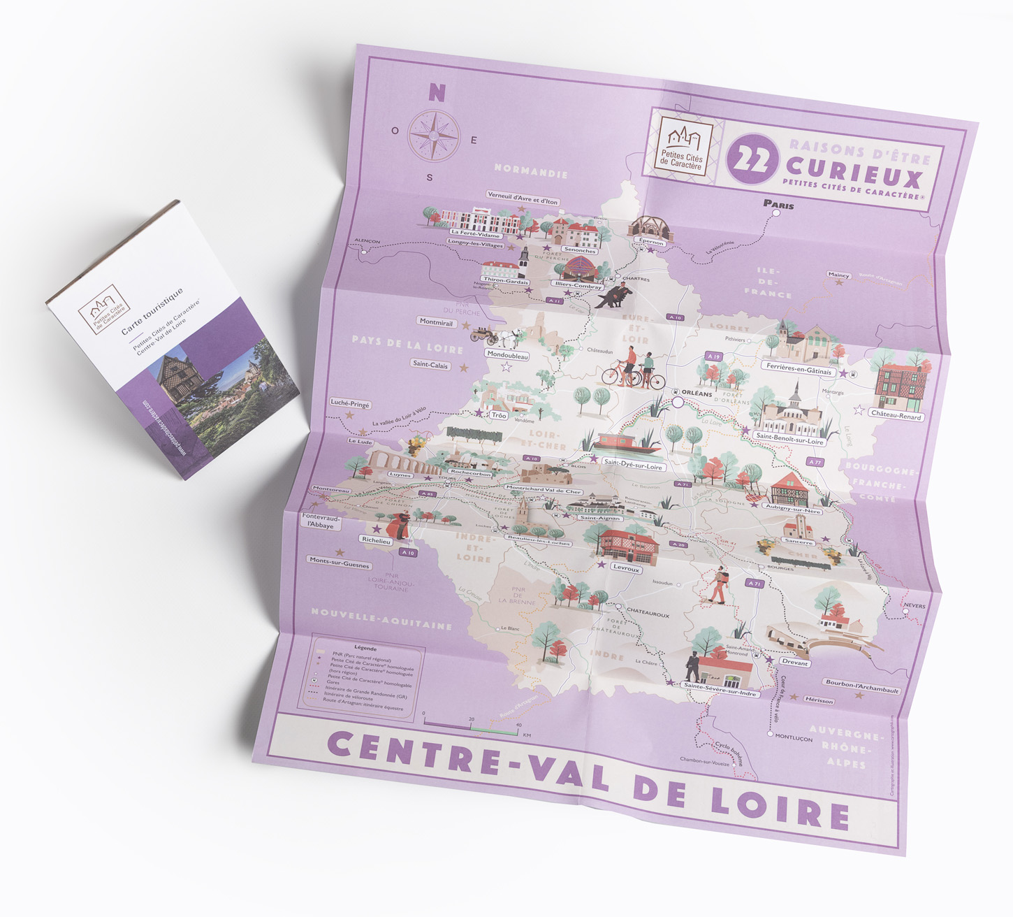 Carte illustrée des 22 communes labellisées Petites Cités de Caractère de la région Centre Val de Loire, Atelier Cartographik