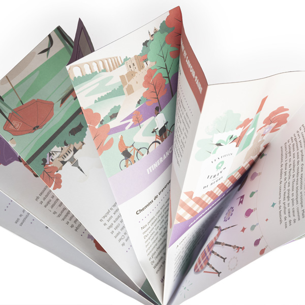 Carte touristique illustrée, pliage, maquette, graphisme, mise en page, Atelier Cartographik