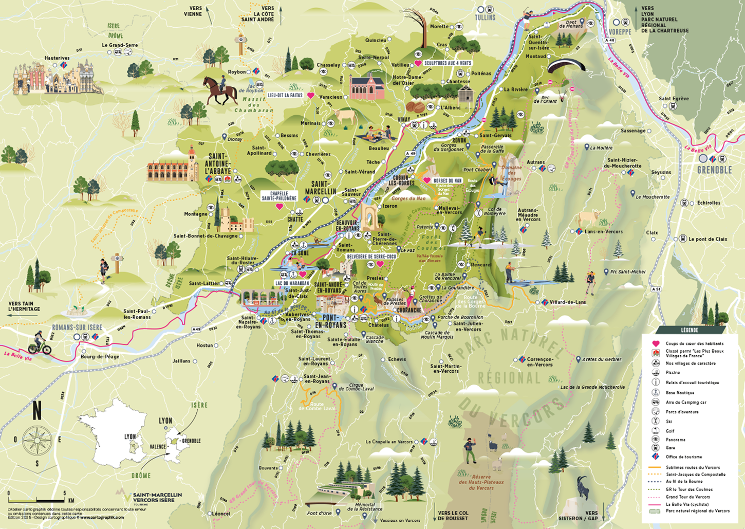 carte touristique de Saint-Marcellin-Vercors-Isère, carte illustrée, montagnes, golf, équitation, escalade